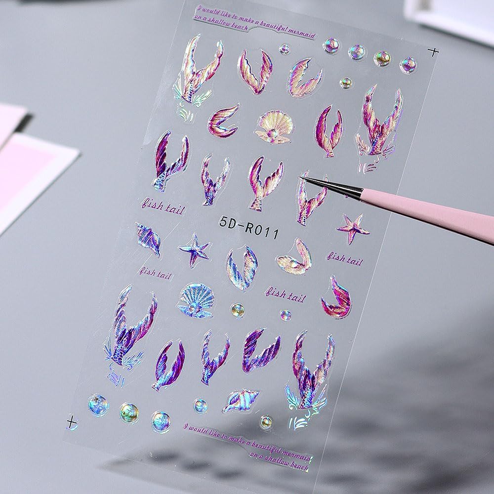 5D Dreamy Mermaid Tail Nail Stickers Summer Nail Decals 5D Embossed Laser Mermaid Nail Art Stickers Sea Wave Fishtail Shellfish Starfish Nail Design Stickers Self Adhsive Ocean Stickers for Nails DIY-Velvo Beauty