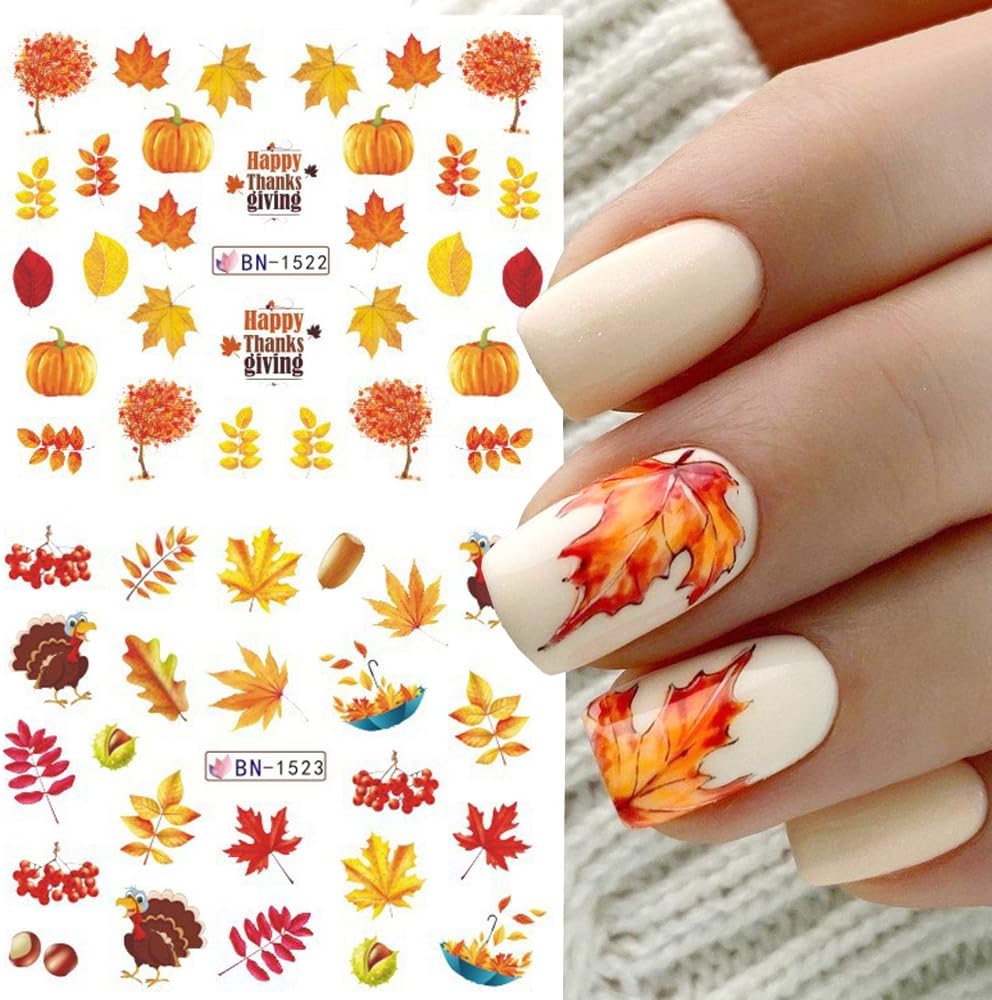 12 Sheets Fall Maple Leaf Nail Art Stickers Autumn Water Transfer Nail Decals Thanksgiving Day Nail Art Supplies Turkey Pumpkin Leaves Scarecrow Nail Design Slider Stickers for Women Nail Decorations-Velvo Beauty