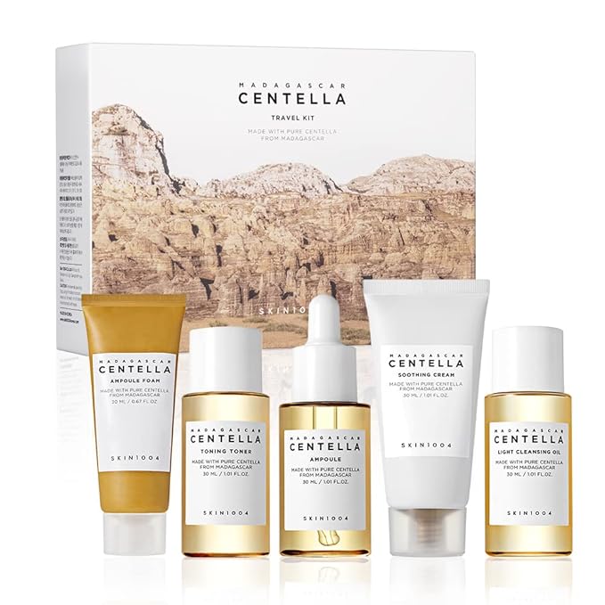 SKIN1004 Madagascar Centella Travel Kit, Toner, Ampoule, Soothing Cream, Cleansing Oil, Ampoule Foam, Basic Skincare Box, Compact Size, Gift Sets, Mothers Day Gifts for Mom Gifts for Women, Trial Kit-Velvo Beauty