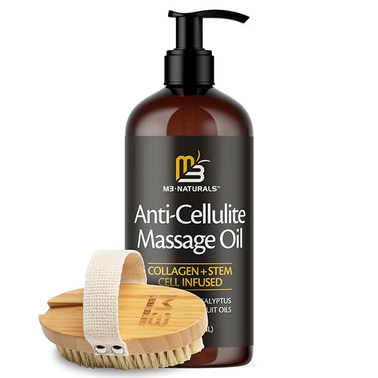 M3 Naturals Anti Cellulite Massage Oil and Firm Dry Brush Kit | Collagen & Stem Cell Skin Tightening Kit | Radiant Body Care Kit for Women-Velvo Beauty