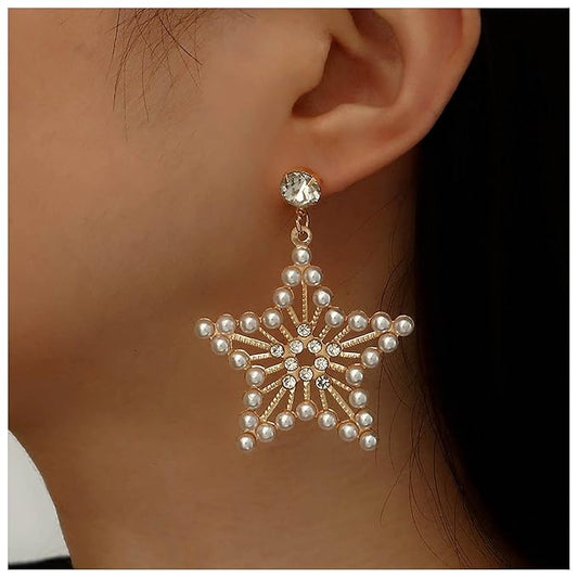 Vintage Pearl Star Drop Earrings Crystal Star Dangle Earrings Gold Rhinestone Stud Earrings Bohemian Large Star Statement Earrings Jewelry for Women and Girls Gifts-Velvo Beauty