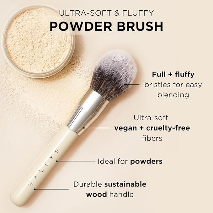 HALEYS Powder Brush VEGAN+CRUELTY-FREE, Soft, Streak-free, Perfect Blending, Buff, Blurs, Smooths, Control, Precision, Complexion tools, For powder, setting powder, blush, Sustainable Wood Handle-Velvo Beauty