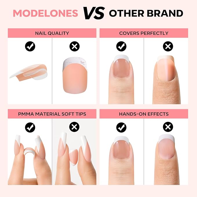 modelones French Tip Press on Nails, Short Square Fake Nails with Nail Box, Deep Nude Gel Nail Tips for Women, Soft Glue-On Nails for Natural Salon Look, DIY Nail Art Kit-Velvo Beauty
