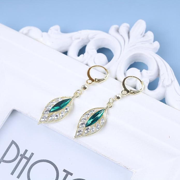 Vintage Emerald Leaf Earrings Rhinestone Leaf Drop Earrings Green Emerald Dangle Earrings Gold Crystal Leaf Hoop Earrings Jewelry for Women-Velvo Beauty
