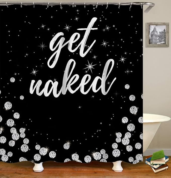 4PCS Luxury Diamond Shower Curtain Set, Bling Rhinestone Gem Crystal Jewelry Shining Starry Sky Galaxy Bathroom Decor, Waterproof Fabric Black Shower Curtain, Get Naked Bath Mat Toilet Rug-Velvo Beauty