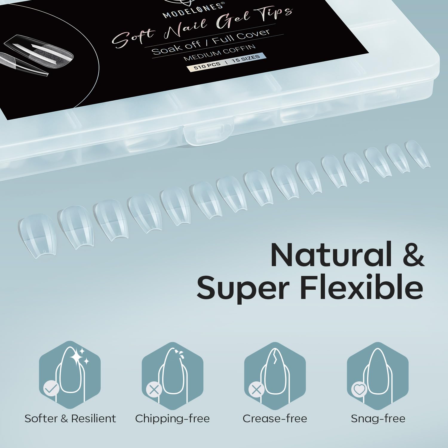 Modelones Medium Coffin Fake Nail Tips - 510Pcs Gel Tips Pre-shaped Half Matte Full Cover Clear Acrylic Gel Kit False Press on Nails for Extension DIY Salon 15Sizes-Velvo Beauty