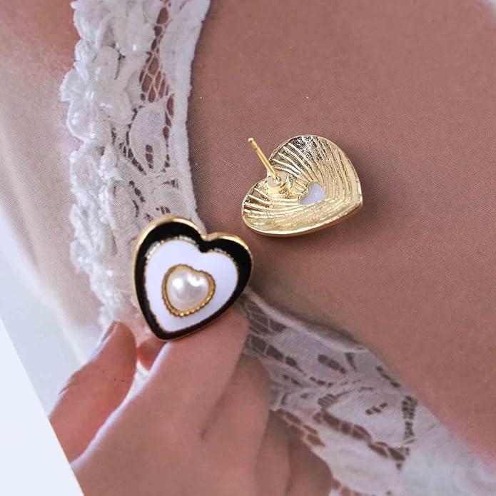 Vintage Pearl Heart Stud Earrings Enamel Heart Earrings Heart Love Earrings White Minimal Earrings Jewelry for Women-Velvo Beauty