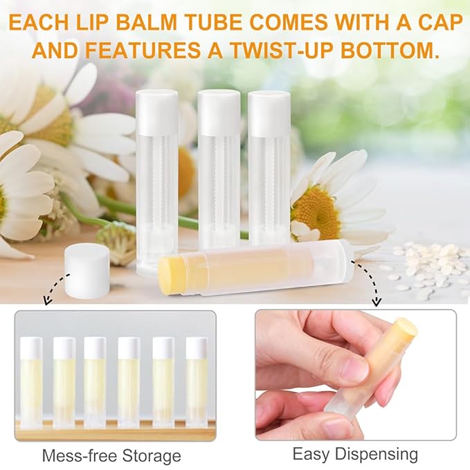 LotFancy Lip Balm Tubes with Filling Tray and Spatula, 50Pcs 5.5ml (3/16 Oz) Clear Lip Balm Containers with White Caps, BPA Free & Leak Free Lip Balm Making Kit-Velvo Beauty