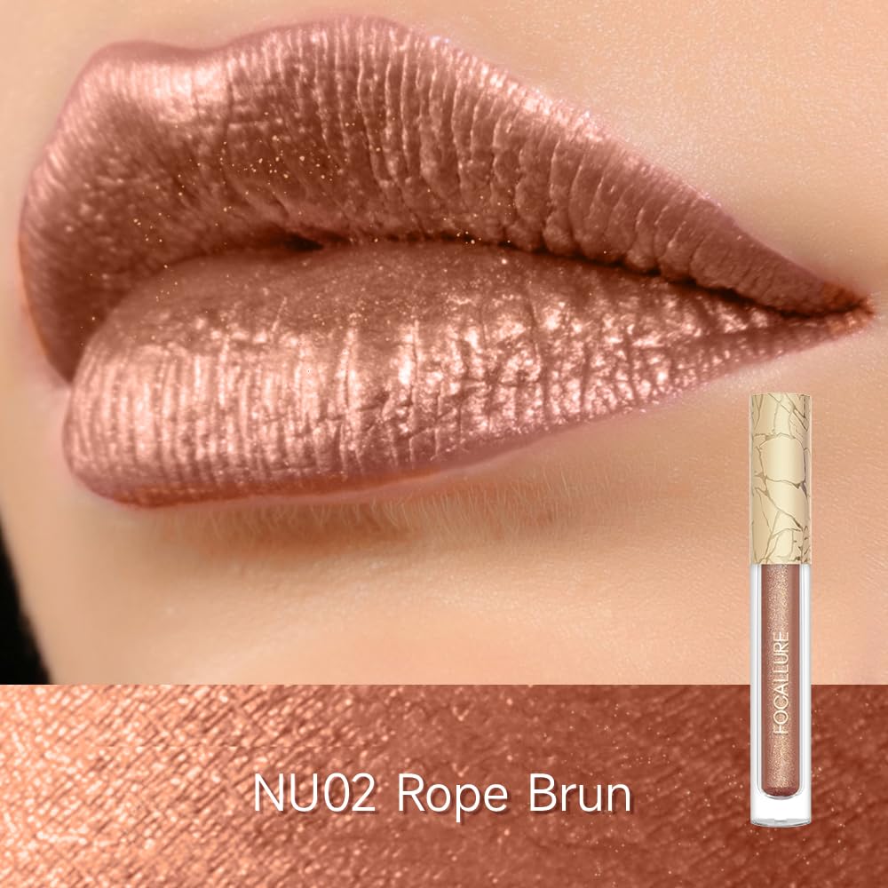 FOCALLURE Metallic Liquid Lipstick,Non Stick Cup Lip Gloss,High Impact Lip Color with Transfer-proof Wear,Long Lasting & Waterproof Lipstick Makeup for Women,Rope Brun-Velvo Beauty