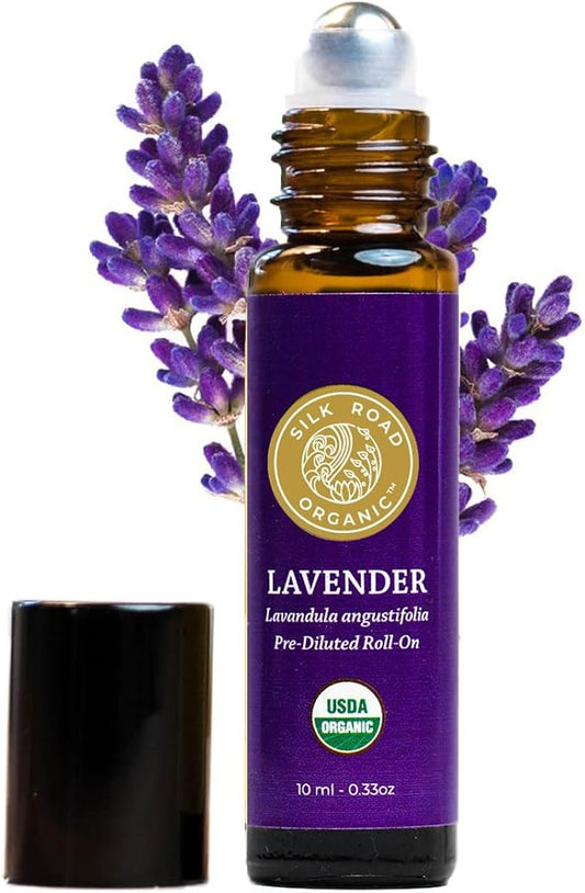 Silk Road Organic Lavender Essential Oil Roll On, Lavandula Angustifolia, 100% Pure USDA Certified Aromatherapy for Calming, Relaxation & Skin - 10 ml Roller - Always Pure, Always Organic-Velvo Beauty