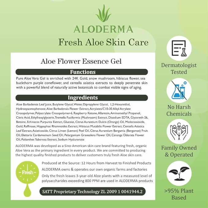 Aloderma Age-Defying Aloe Flower Essence Gel with 24K Gold Leaf, Made within 12 Hours of Harvest - Luxurious Aloe Gel with Allantoin & Hyaluronic Acid for a Shimmering, Youthful Complexion, 7oz 3-Pack-Velvo Beauty