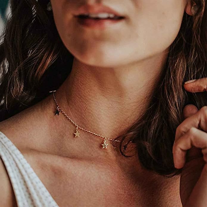 Boho Star Choker Necklace Gold Star Dangle Necklace Chain Short Minimalist Necklace Gold Collarbone Necklace Jewelry for Women Gifts-Velvo Beauty