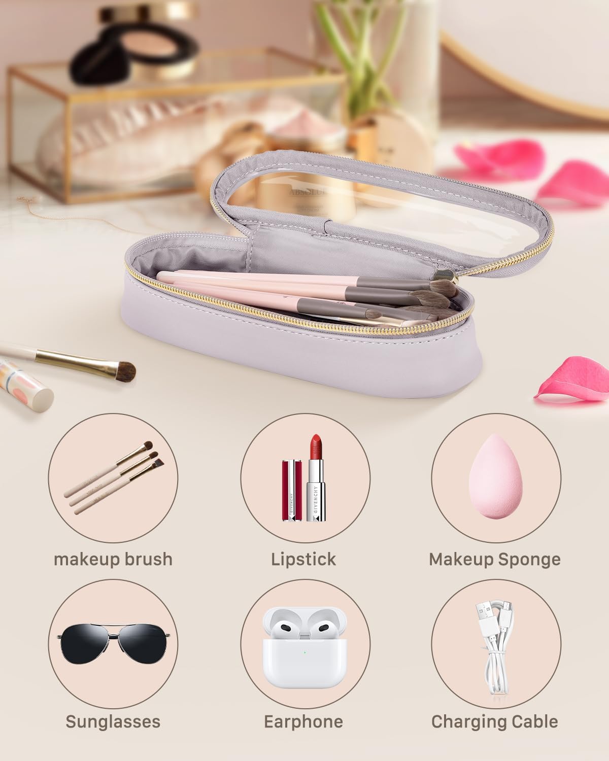 Clear Travel Makeup Brush Holder, Leather Makeup Brush Toiletry Bag, Portable Cosmetic Brush Case, Transparent Waterproof Makeup Brush Storage Bag, Purple-Velvo Beauty