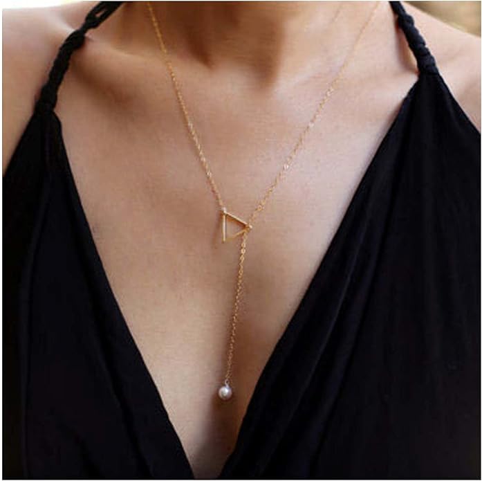 Boho Pearl Triangle Necklace Gold Y Pearl Necklace Minimalist Y Lariat Necklace Geometry Chain Jewelry for Women and Girls-Velvo Beauty