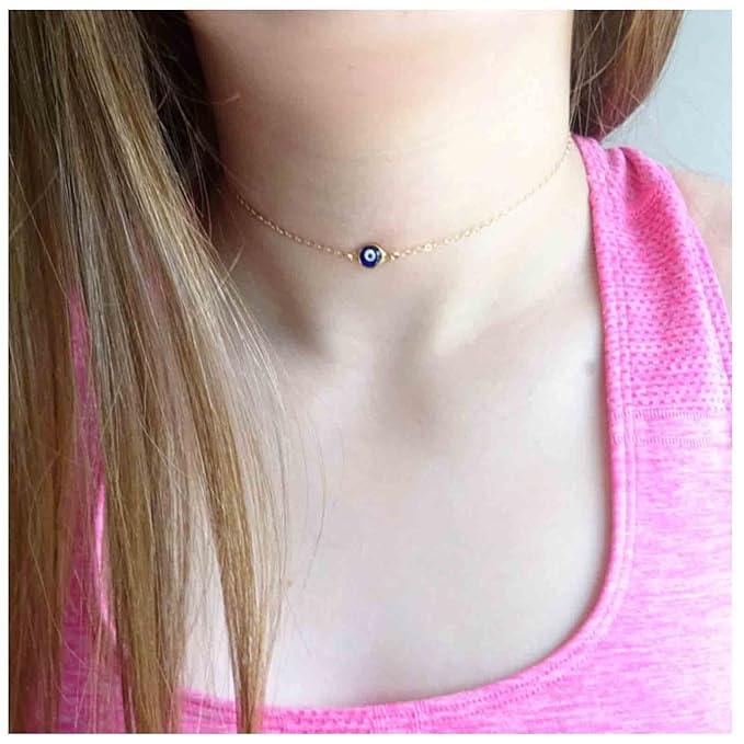 Boho Evil Eye Choker Necklace Blue Eye Pendant Necklace Minimal Gold Chain Necklace Lucky Eye Necklace Amulet Chain Jewelry for Women and Girls-Velvo Beauty