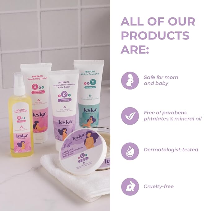 Leska Pregnancy Stages A & B Set | Belly Lotion, Belly Oil, Stretch Mark Defense Cream & Belly Butter | Pregnant Mom Months 1-9 | Part of Complete 3-Part Pregnancy Skincare System (Set of 4, 4-4.93oz)-Velvo Beauty