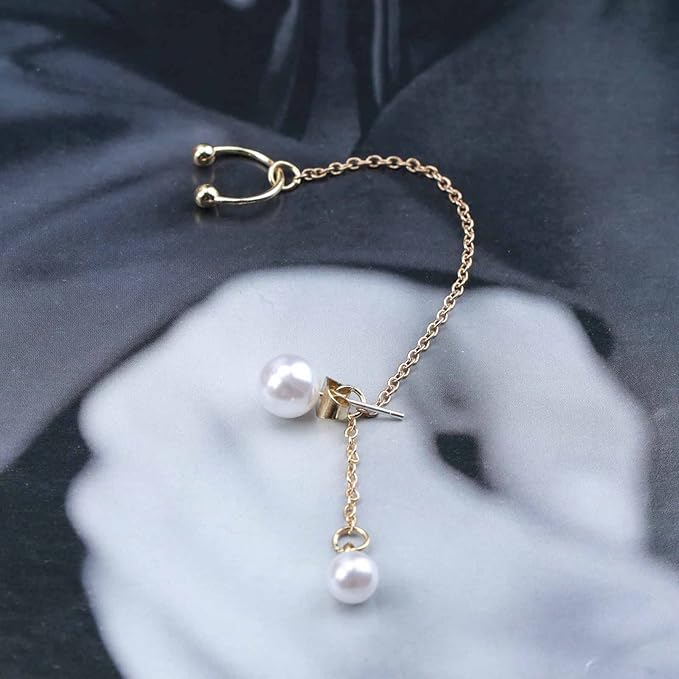 Vintage Pearl Cuff Chain Earrings Gold Chain Ear Cuffs Dangle Chain Cartilage Earrings Pearl Studs Earrings Cartilage Helix Earrings Helix to Lobe chain earrings Jewelry for Women and Girls (Gold B)-Velvo Beauty