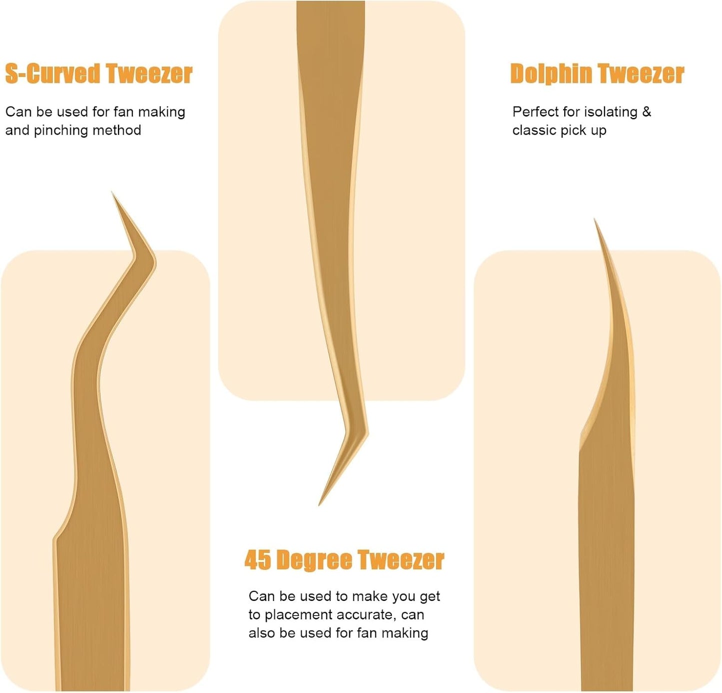 Lash Tweezers for Eyelash Extensions, Professional Eyelash Tweezer Set, Lash Extension Tweezer Kit (Set of 7, Gold)-Velvo Beauty