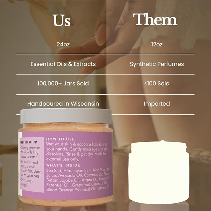 Bare Botanics Lavender Grapefruit Body Scrub 24 oz - Naturally Scented Himalayan Salt Scrub Made in Madison WI - Formulated w/Skin Loving Moisturizers - Cruelty Free Exfoliator w/a Cute Wooden Spoon-Velvo Beauty