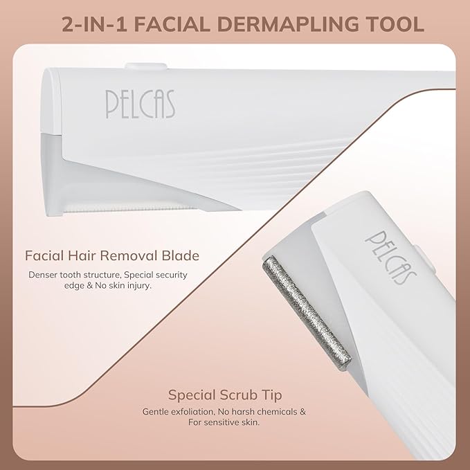 PELCAS Electric Dermaplaning Tool for Face with LED Light, Mini Facial Dermaplaning Razor Kit, Painless 3 Speeds Facial Peach Fuzz & Hair Removal At Home for Women with 6 Blades Off White-Velvo Beauty