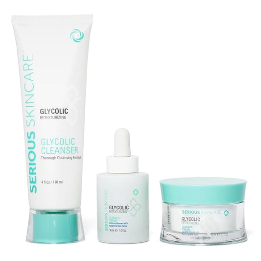 Serious Skincare Glycolic Skin Renewal Set - Retexturizing Serum - Facial Moisture Cream - Face Wash Cleanser - Balancing Blue Tansy Extract - Improve Appearance of Lines, Wrinkles and Enlarged Pores-Velvo Beauty