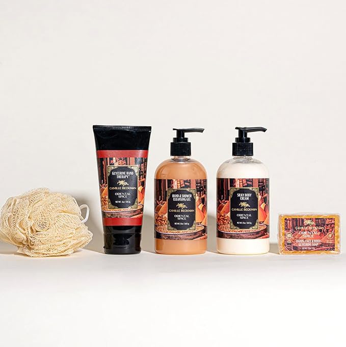 Camille Beckman Oriental Spice Essentials Gift Basket, Glycerine Hand Therapy 6 oz, Silky Body Cream 13 oz, Hand and Shower Cleansing Gel 13 oz, Glycerine Soap 3.5 oz, Bath Body Net, and Gift Basket-Velvo Beauty