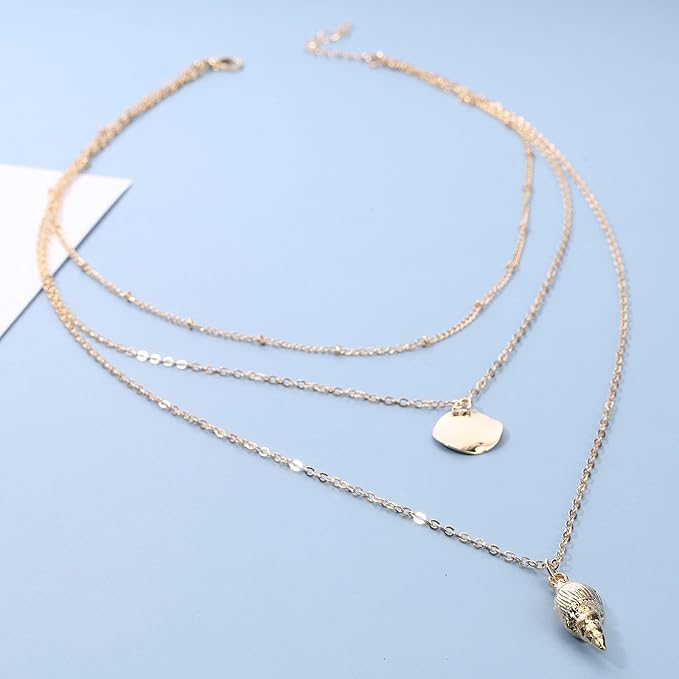Bohemia Layered Seashell Necklace Choker Gold Coin Disc Pendant Necklace Chain Conch Shell Necklace Handmade Beachy Necklace Jewelry for Women and Girls-Velvo Beauty