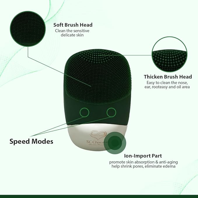Facial Cleansing Brush | 3-in-1 Electric Face Scrubber | USB Rechargeable Face Cleansing Brush | IPX7 Waterproof | Blackhead Remover | Deep Cleansing & Exfoliating (Green)-Velvo Beauty