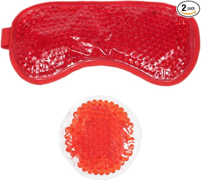 HOT +Cold Aqua Pearls Plush Eye Mask with Soft Plush Backing and Fully Adjustable Strap, Bonus Mini Round pad-2PACKS(Red, Eye Mask+ Mini Round Pad)-Velvo Beauty