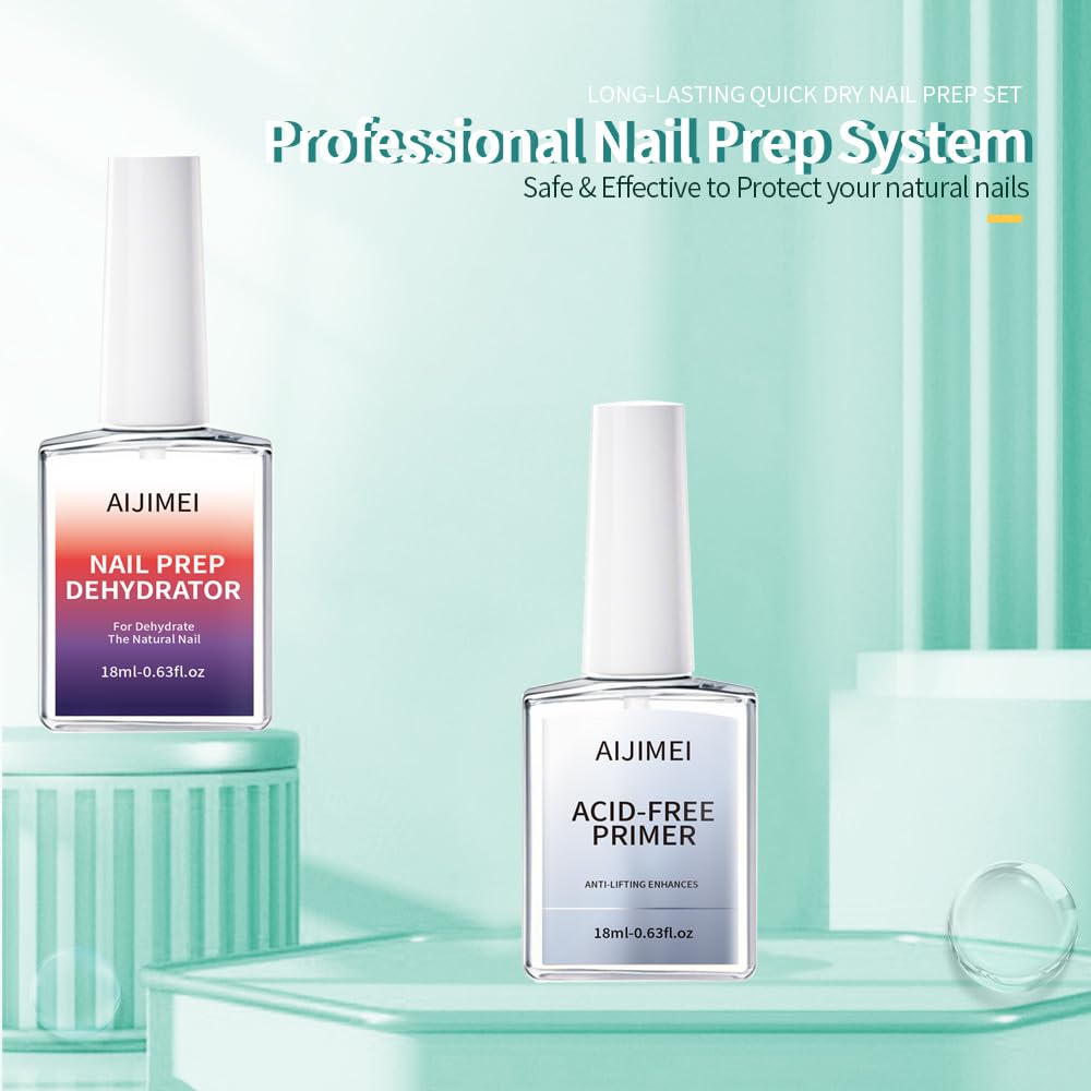 AIJIMEI Professional Natural Nail Prep Dehydration and Acid Free Primer For Acrylic False Nail Tips Bond Base Gel Nail Polish and Quick Drying Adhesive Dehydrator Set（18ml/0.63fl.oz-Velvo Beauty