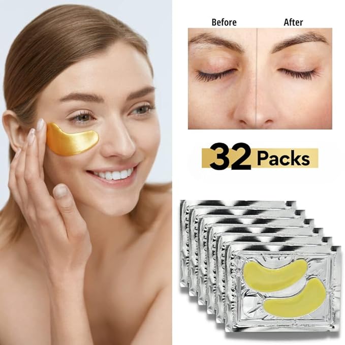 32 Pairs 24K Gold Under Eye Patches with 4 pieces of Lip Mask, Anti-Aging Eye Mask, Under Eye Mask Dark Circles and Puffiness, Wrinkles Patches with Hydrogel, Collagen Eye Pad-Velvo Beauty