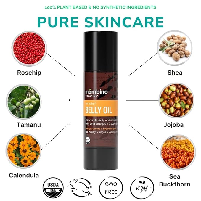 Mambino Organics Oh Baby! Belly Oil – Organic Elasticity Serum with Egyptian Calendula, Vietnamese Tamanu & Dutch Shea – Pregnancy Oil for Stretch Marks – Vegan Cruelty-Free Maternity Care, 4 fl oz-Velvo Beauty
