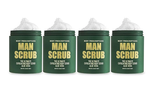 Body Prescriptions Men’s Exfoliating Body Scrub – Ultimate Skin Cleansing Wash in Jar with Twist-Top Lid, For All Skin Types, 21 Ounce (Pack of 4), Aloe Vera-Velvo Beauty