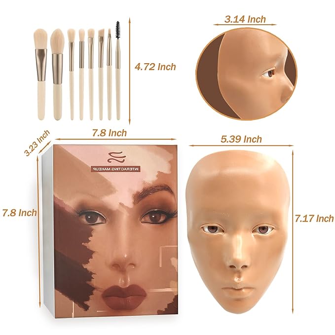 3D Makeup Practice Face,Reusable Makeup Mannequin Face with Makeup Brushes Set,Silicone Full Face Practice Eyelash Eye Shadow,for Emerging Makeup Artist,for Girl's Gift-Velvo Beauty