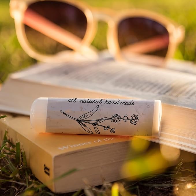 OLYCRAFT 100Pcs 4 Style Lip Balm Label Sticker Word Labels Stickers Adhesive Lip Balm Label Sticker Plastic Lipstick Tag Stickers for Lip Balm Container Tubes 1.7x2.1 inch-Velvo Beauty