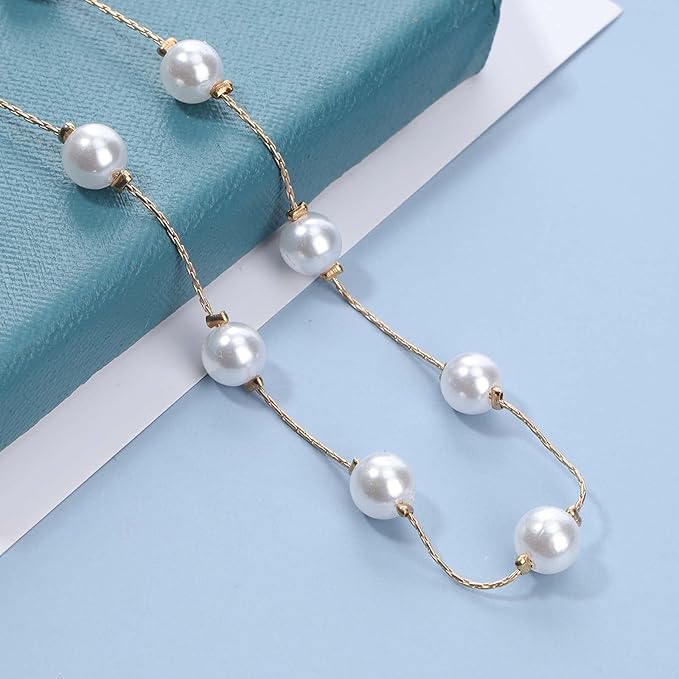 Boho Pearl Choker Necklace Floating Pearl Station Necklace Gold Tiny Pearl Beaded Necklace Chain Bridal Necklace Jewelry for Women and Girls Gifts-Velvo Beauty
