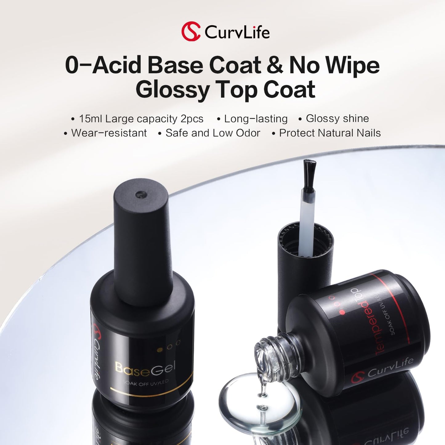 CurvLife 15ml No Wipe Top Coat Clear Glossy Gel Tips Base and 15ml Top Coat Set Soak off UV LED Drying Long Lasting Shiny nail gel polish-Velvo Beauty