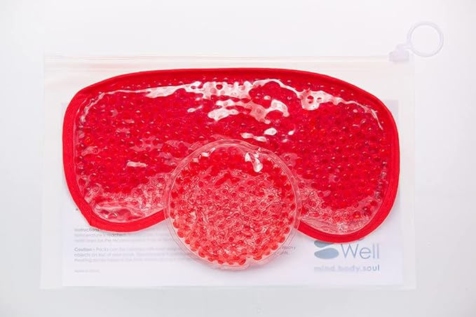 HOT +Cold Aqua Pearls Plush Eye Mask with Soft Plush Backing and Fully Adjustable Strap, Bonus Mini Round pad-2PACKS(Red, Eye Mask+ Mini Round Pad)-Velvo Beauty