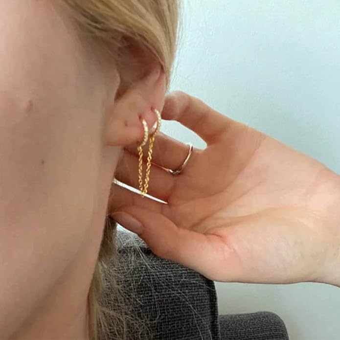 Boho Double Chain Hoop Earrings Gold Cz Hoop Chain Earrings Punk Dangle Chain Earrings Rhinestone Huggies Studs Earrings Jewelry for Women and Girls Gifts-Velvo Beauty