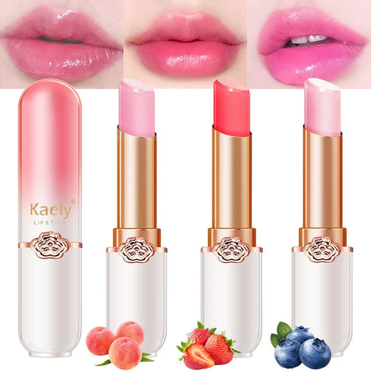 Kaely 3Pcs Peach Strawberry Blueberry Hydrating Lipstick Tinted Lip Balm, Color Changing PH Lipstick Makeup, Korean Magic Lip Stain Long Lasting Waterproof, labiales magicos 24 horas originales-Velvo Beauty