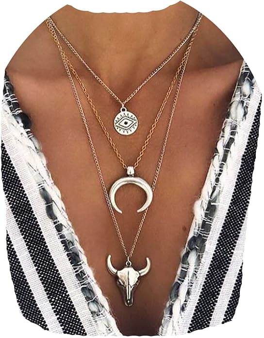Boho Layered Moon Necklace Silver Compass Disc Pendant Necklace Chain Cow Evil Eye Charm Necklace Jewelry for Women-Velvo Beauty