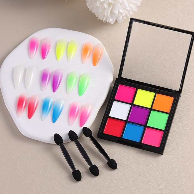 Neon Phosphor Nail Pigment Powder Palette, 9 Colors Solid Pigment Powder for Nails, Fluorescent Glitter Aura Nails Rubbing Dust with Ombre Nail Brush & Sponge Sticks Manicure Art DIY Accessories-Velvo Beauty
