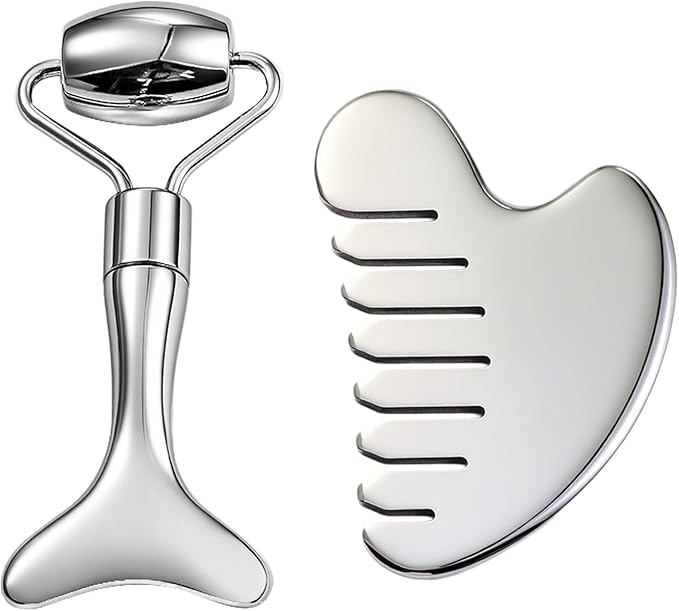 Gua Sha Facial Tool and Face Roller Set, Stainless Steel Lymphatic Drainage Massager for Face, Head, Eyes, Chin and Jaw, Lifting, Massage Scraping with Travel Pouch-Velvo Beauty