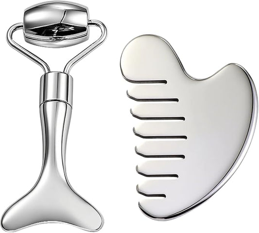 Gua Sha Facial Tool and Face Roller Set, Stainless Steel Lymphatic Drainage Massager for Face, Head, Eyes, Chin and Jaw, Lifting, Massage Scraping with Travel Pouch-Velvo Beauty