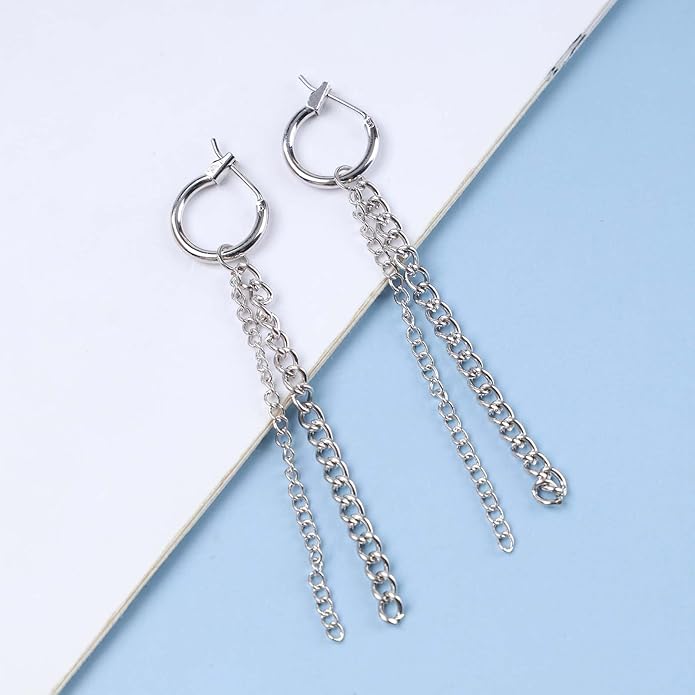 Vintage Layered Chain Dangle Earrings Long Chain Hoop Huggie Earrings Silver Curb Chain Stud Earrings Tassel Chain Drop Earrings Jewelry for Women-Velvo Beauty