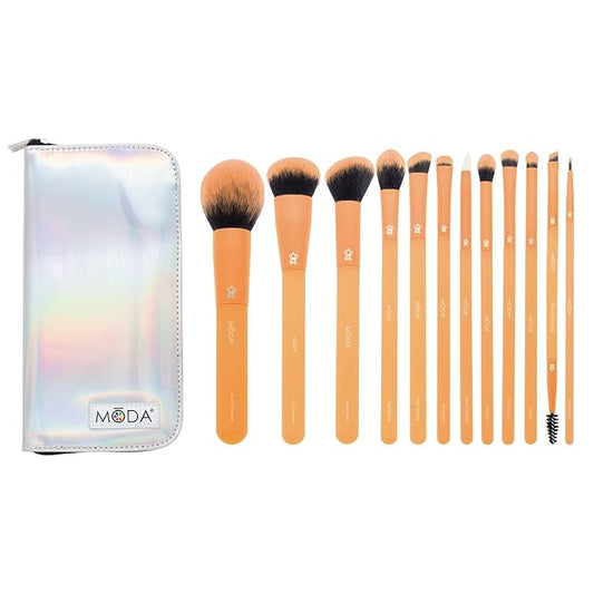 MODA Totally Electric Neon Orange Full Face Makeup Brush Kit – 13pc Vibrant Brush Set for Face & Eyes with Zip Case-Velvo Beauty