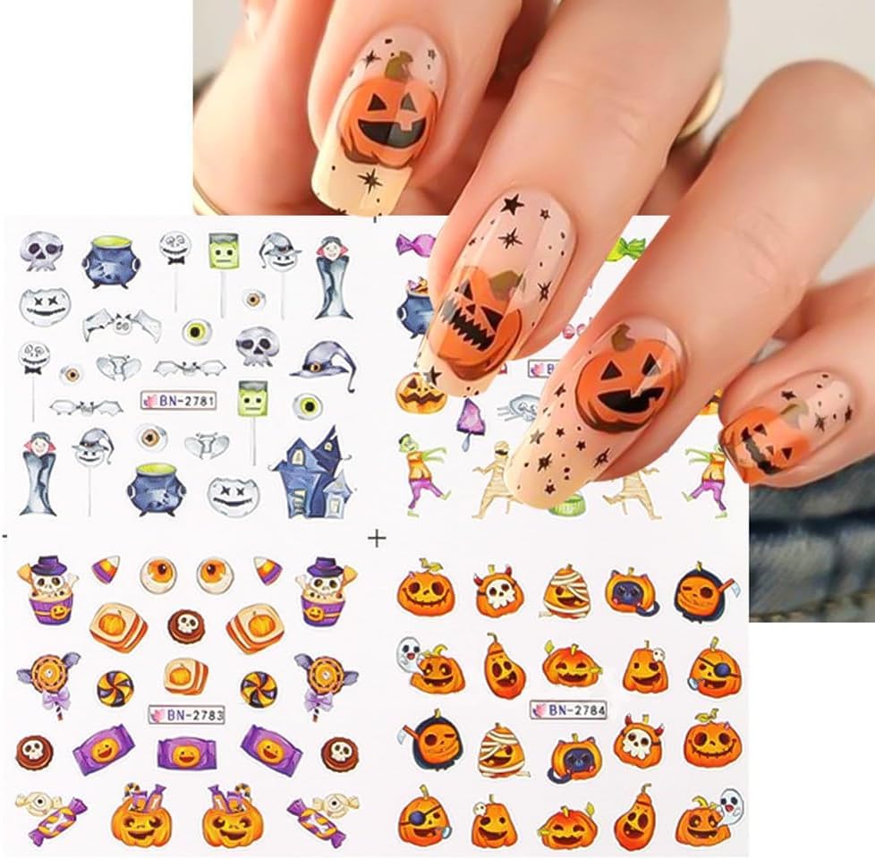 Halloween Nail Art Stickers - Spooky Ghost Pumpkin Water Transfer Foils Decals - Cartoon Witch Bat Spider Skeleton Designer Accessories for Nail Art - 12 Sheets-Velvo Beauty