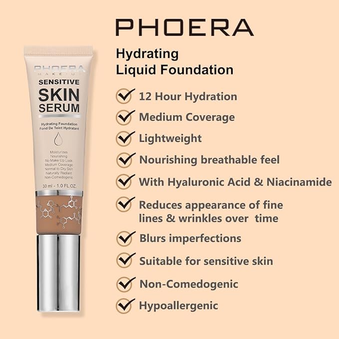 PHOERA Hydrating Serum Foundation,Flawless Full Coverage and Hypoallergenic Makeup Base Foundation. (N01 Porcelain, norm)-Velvo Beauty