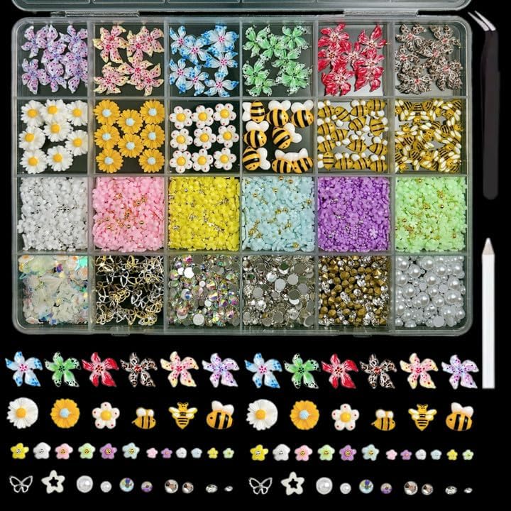 Flowers Nail Charms and Gems, Cute 3D Bee Daisy Hawaii Flowers Nail Art Charms for Acrylic Nails, Gold Silver Butterfly Nail Rhinestone and Charms,White Flatback Pearl Nail Charms Manicure DIY Crafts-Velvo Beauty
