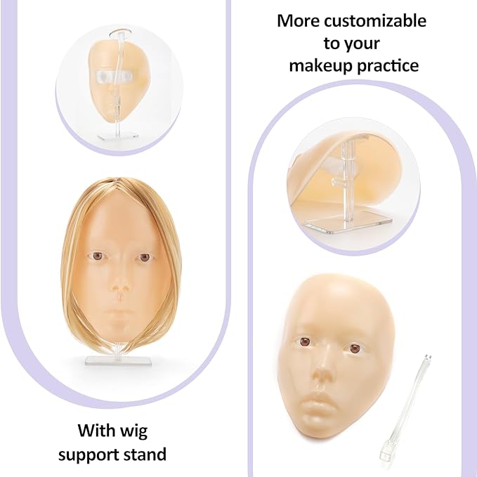 Makeup Practice Face, 2024 Upgrade 5D Makeup Mannequin Face Reusable Silicone Makeup Practice Face Board with Bracket, Come with Makeup remover & Concealer 3 Color & Makeup Bag Yellow-Velvo Beauty